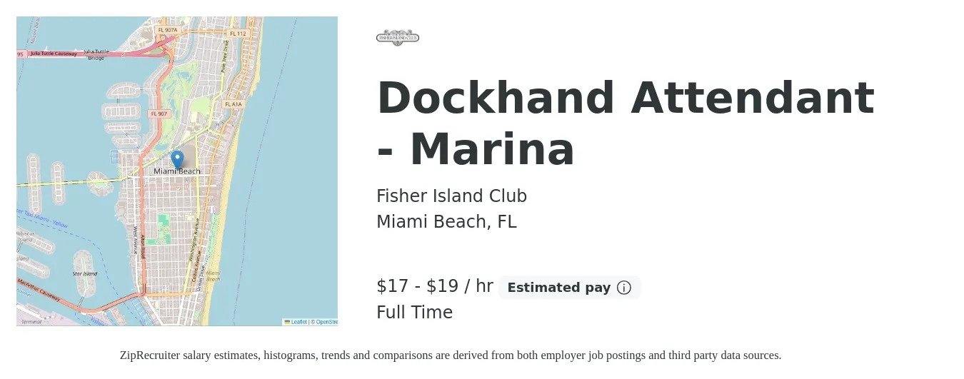 Fisher Island Club job posting for a Dockhand Attendant - Marina in Miami Beach, FL with a salary of $18 to $20 Hourly with a map of Miami Beach location.
