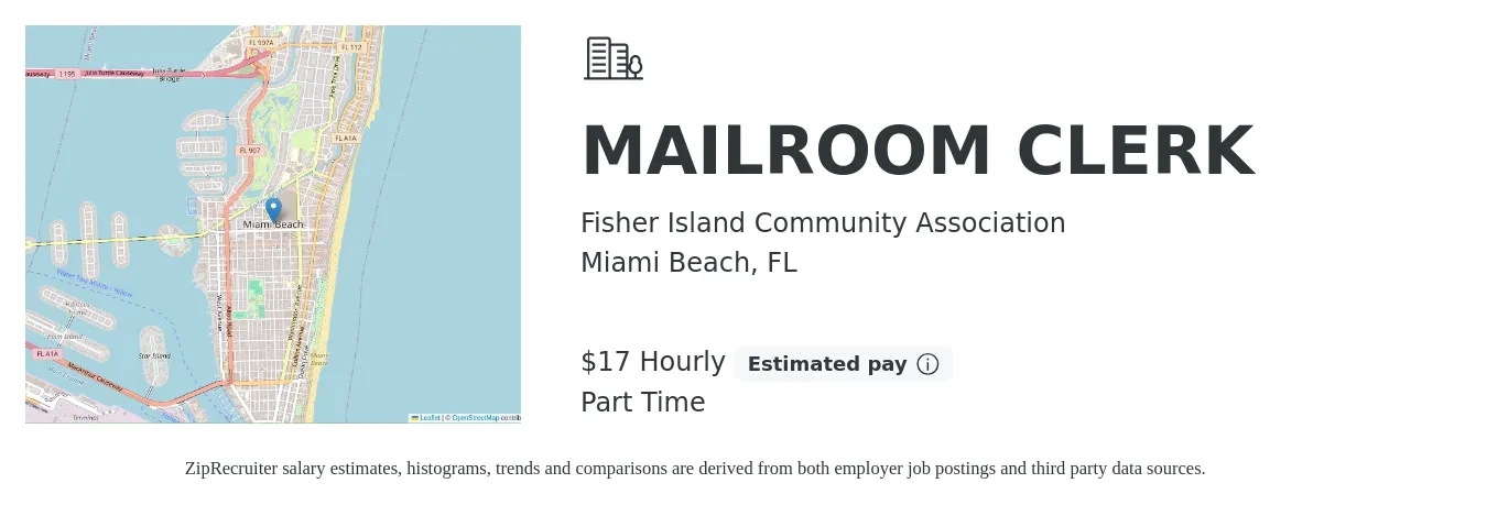 Fisher Island Community Association job posting for a MAILROOM CLERK in Miami Beach, FL with a salary of $18 Hourly with a map of Miami Beach location.