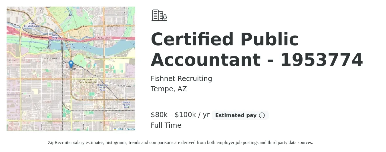 Fishnet Recruiting job posting for a Certified Public Accountant - 1953774 in Tempe, AZ with a salary of $80,000 to $100,000 Yearly with a map of Tempe location.