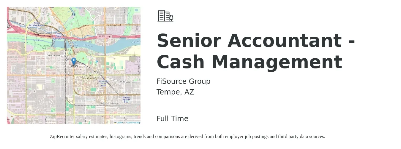 FiSource Group job posting for a Senior Accountant - Cash Management in Tempe, AZ with a salary of $71,900 to $90,400 Yearly with a map of Tempe location.