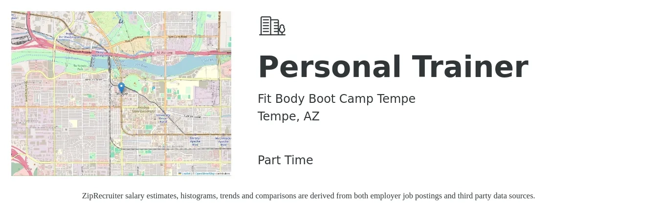 Fit Body Boot Camp Tempe job posting for a Personal Trainer in Tempe, AZ with a salary of $20 to $31 Hourly with a map of Tempe location.