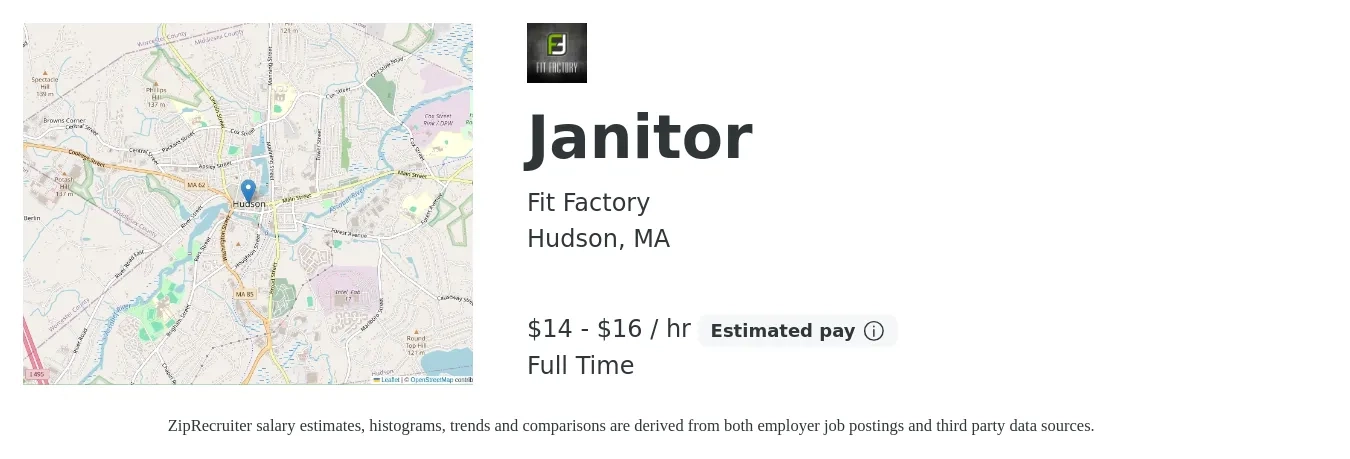 Fit Factory job posting for a Janitor in Hudson, MA with a salary of $15 to $17 Hourly with a map of Hudson location.