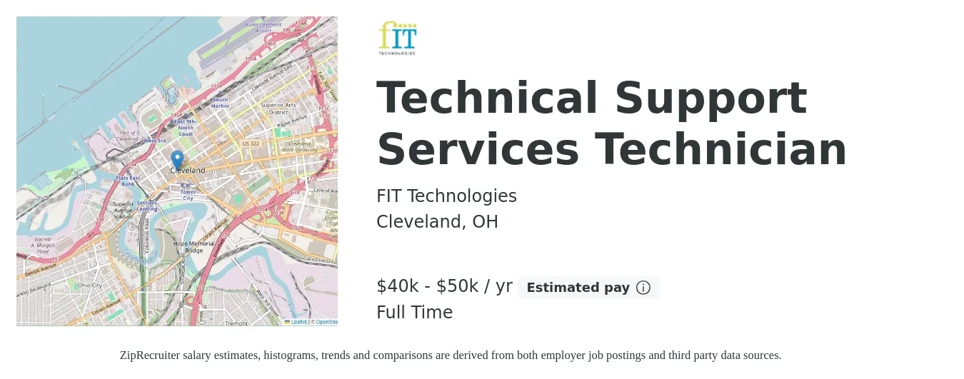 FIT Technologies job posting for a Technical Support Services Technician in Cleveland, OH with a salary of $40,000 to $50,000 Hourly with a map of Cleveland location.