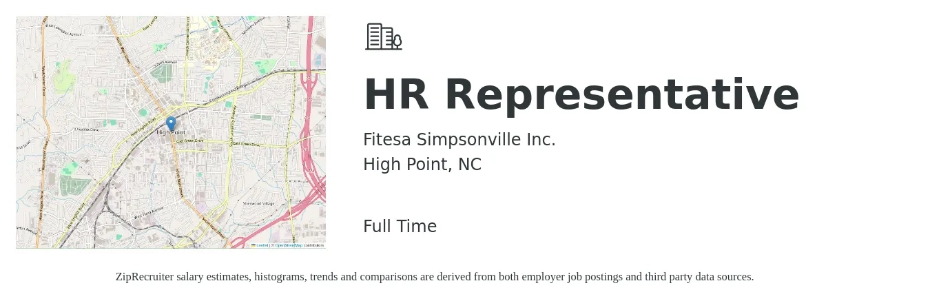 Fitesa Simpsonville Inc. job posting for a HR Representative in High Point, NC with a salary of $18 to $28 Hourly with a map of High Point location.