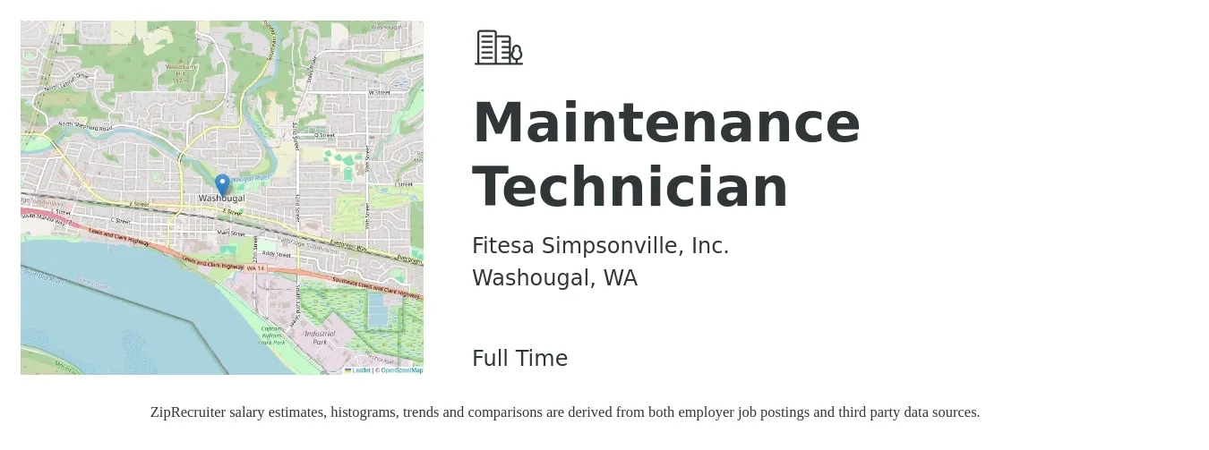 Fitesa Simpsonville Inc. job posting for a Maintenance Technician in Washougal, WA with a salary of $22 to $31 Hourly with a map of Washougal location.
