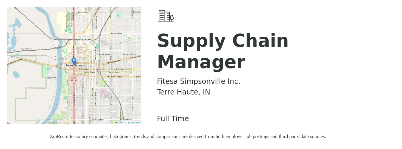 Fitesa Simpsonville Inc. job posting for a Supply Chain Manager in Terre Haute, IN with a salary of $76,200 to $114,300 Yearly with a map of Terre Haute location.