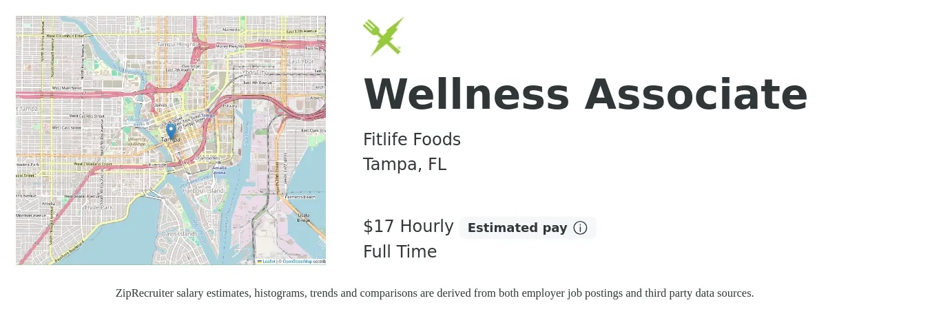 Fitlife Foods job posting for a Wellness Associate in Tampa, FL with a salary of $18 Hourly with a map of Tampa location.