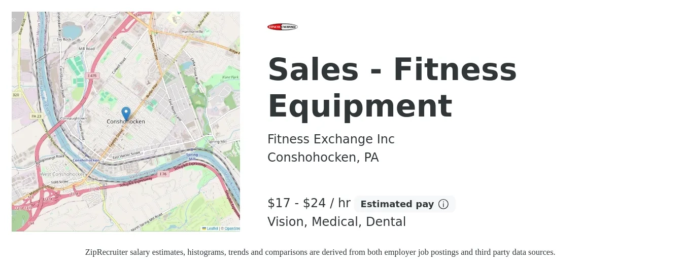Fitness Exchange Inc job posting for a Sales - Fitness Equipment in Conshohocken, PA with a salary of $18 to $25 Hourly (plus commission) and benefits including vision, dental, medical, and pto with a map of Conshohocken location.