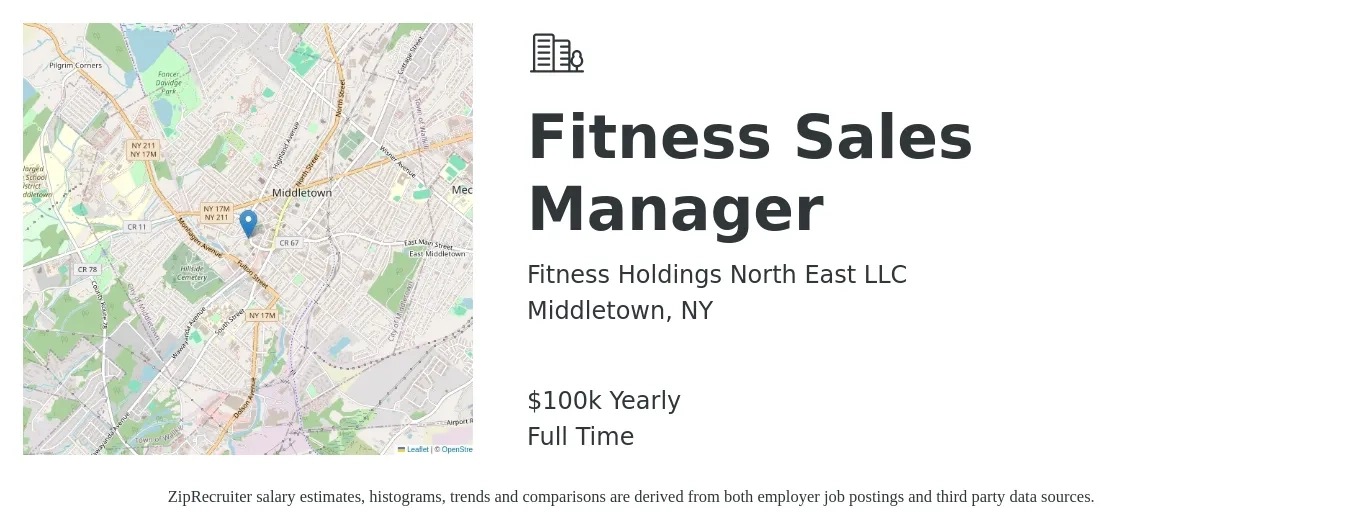 Fitness Holdings North East LLC job posting for a Fitness Sales Manager in Middletown, NY with a salary of $100,000 Yearly with a map of Middletown location.