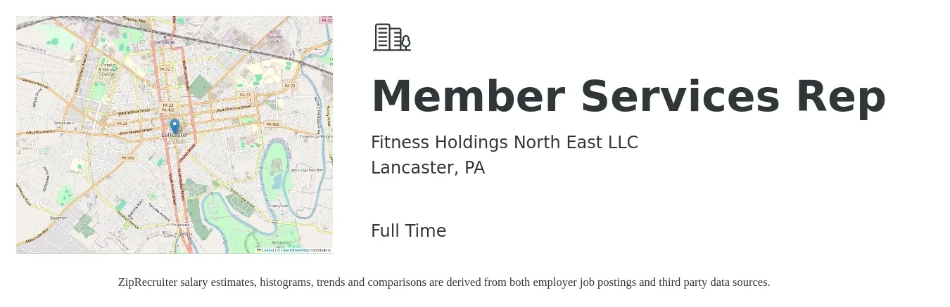 Fitness Holdings North East LLC job posting for a Member Services Rep in Lancaster, PA with a salary of $12 to $19 Hourly with a map of Lancaster location.