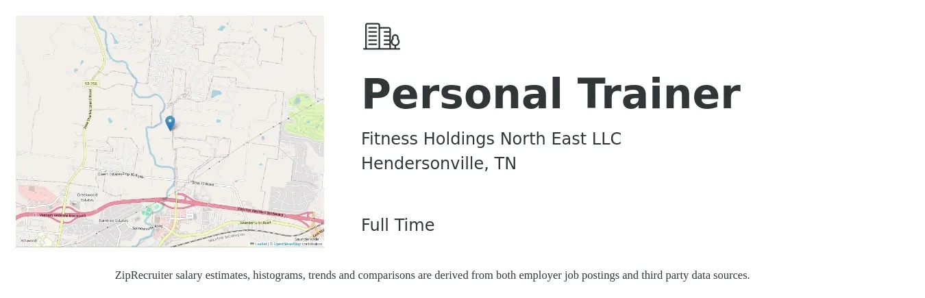 Fitness Holdings North East LLC job posting for a Personal Trainer in Hendersonville, TN with a salary of $19 to $31 Hourly with a map of Hendersonville location.