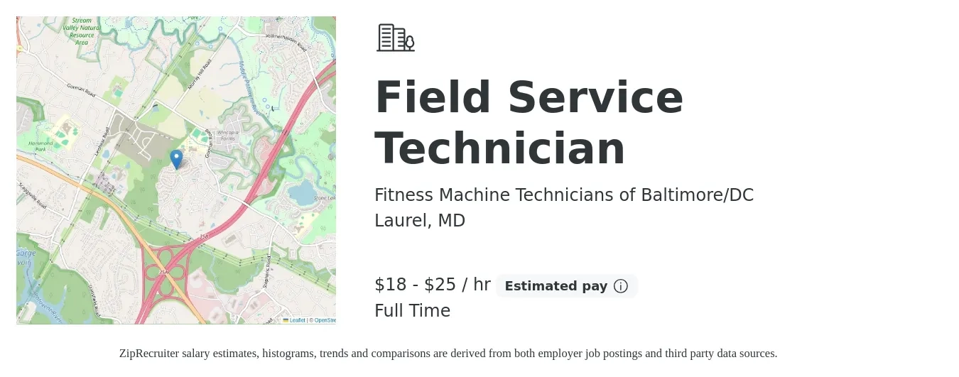 Fitness Machine Technicians of Baltimore/DC job posting for a Field Service Technician in Laurel, MD with a salary of $19 to $26 Hourly with a map of Laurel location.