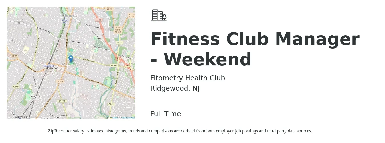Fitometry Health Club job posting for a Fitness Club Manager - Weekend in Ridgewood, NJ with a salary of $40,000 to $63,200 Yearly with a map of Ridgewood location.