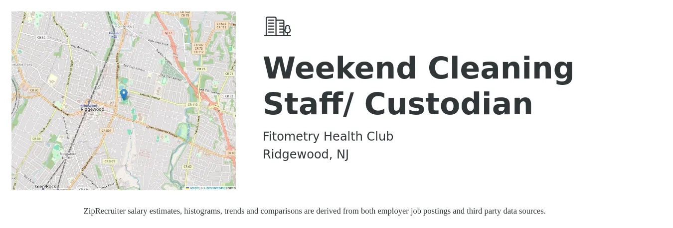 Fitometry Health Club job posting for a Weekend Cleaning Staff/ Custodian in Ridgewood, NJ with a salary of $14 to $18 Hourly with a map of Ridgewood location.