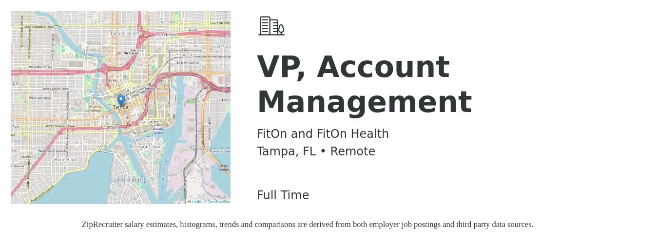 FitOn and FitOn Health job posting for a VP, Account Management in Tampa, FL with a salary of $140,000 to $180,000 Yearly with a map of Tampa location.