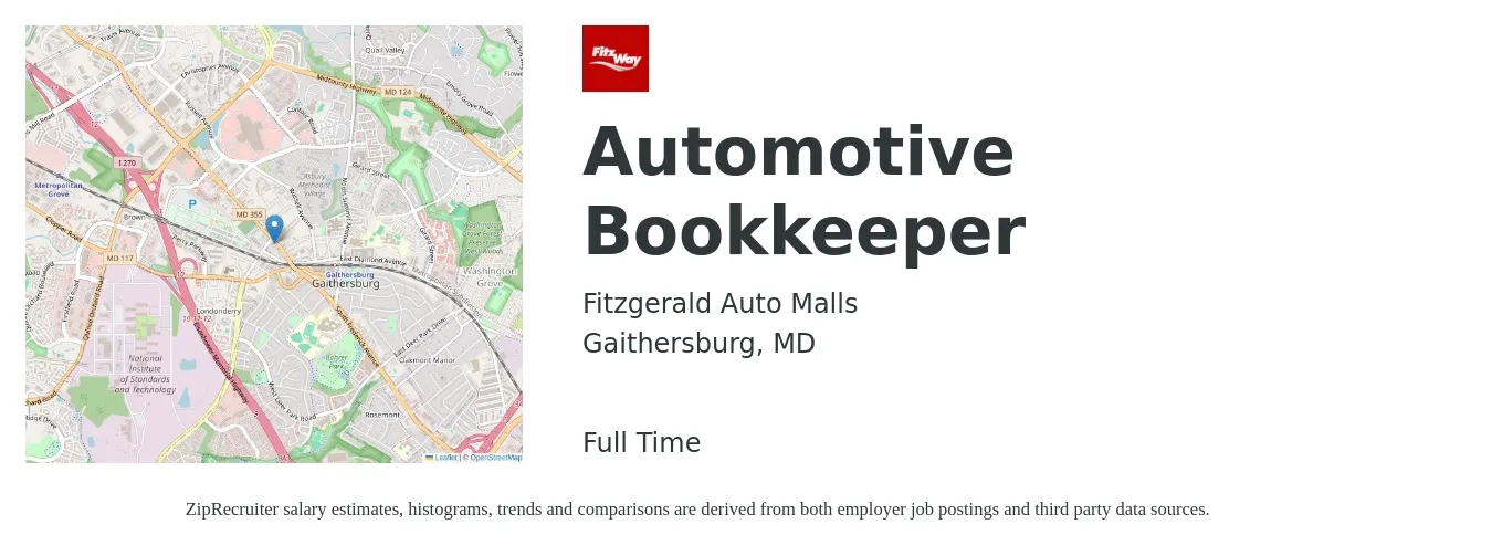 Fitzgerald Auto Malls job posting for a Automotive Bookkeeper in Gaithersburg, MD with a salary of $22 to $31 Hourly with a map of Gaithersburg location.