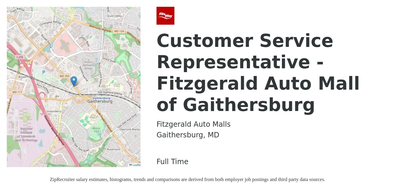 Fitzgerald Auto Malls job posting for a Customer Service Representative - Fitzgerald Auto Mall of Gaithersburg in Gaithersburg, MD with a salary of $18 to $24 Hourly with a map of Gaithersburg location.