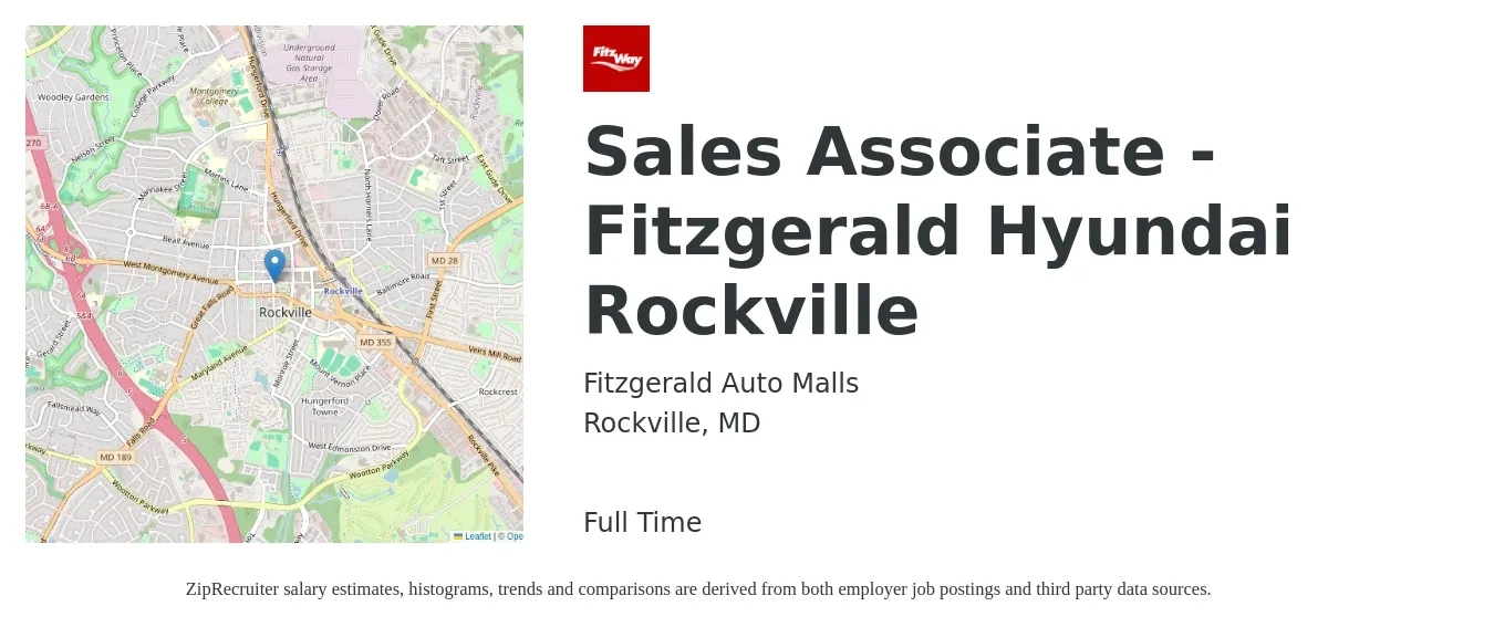 Fitzgerald Auto Malls job posting for a Sales Associate - Fitzgerald Hyundai Rockville in Rockville, MD with a salary of $15 to $20 Hourly with a map of Rockville location.