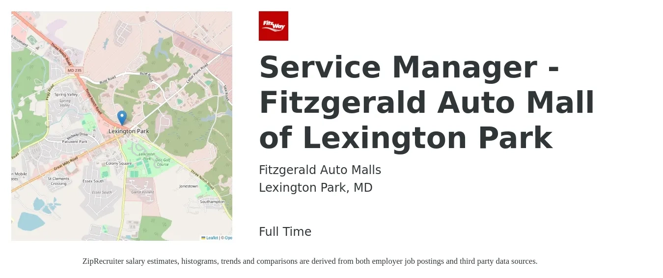 Fitzgerald Auto Malls job posting for a Service Manager - Fitzgerald Auto Mall of Lexington Park in Lexington Park, MD with a salary of $50,500 to $78,200 Yearly with a map of Lexington Park location.