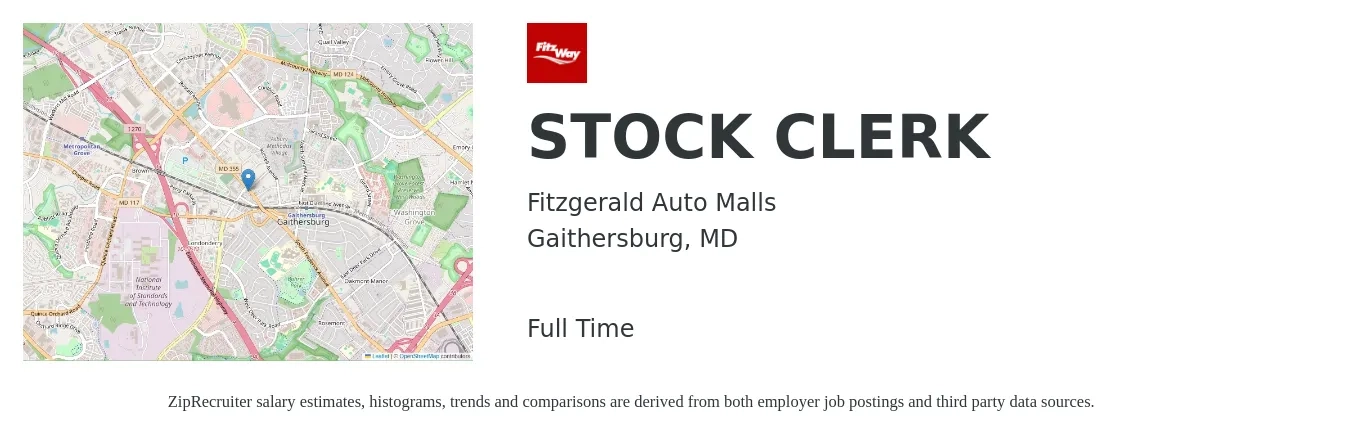 Fitzgerald Auto Malls job posting for a STOCK CLERK in Gaithersburg, MD with a salary of $18 to $22 Hourly with a map of Gaithersburg location.