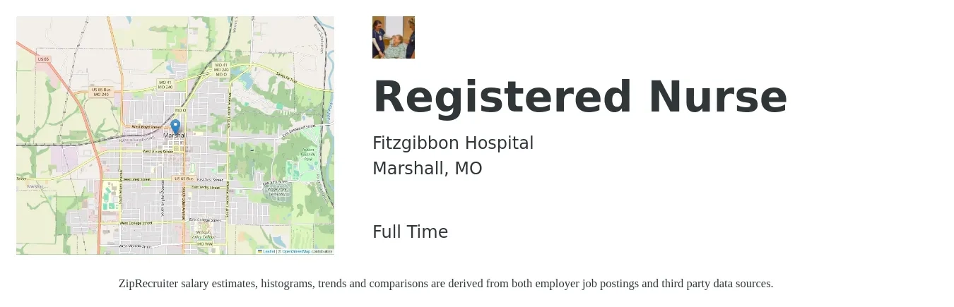 Fitzgibbon Hospital job posting for a Registered Nurse in Marshall, MO with a salary of $28 to $44 Hourly with a map of Marshall location.