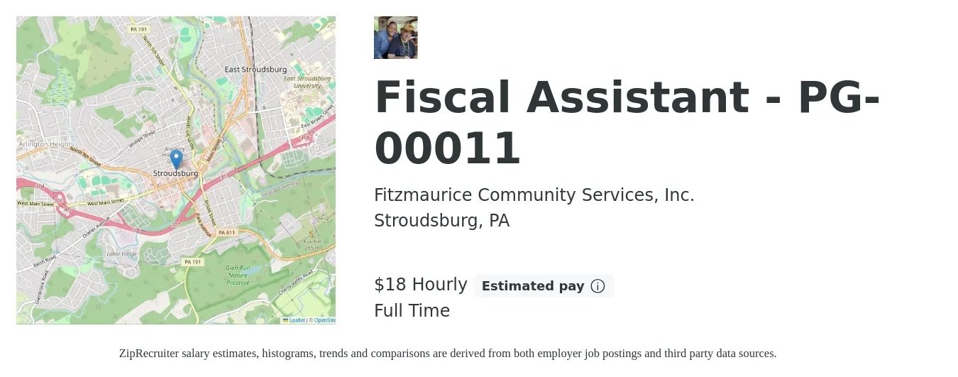 Fitzmaurice Community Services, Inc. job posting for a Fiscal Assistant - PG-00011 in Stroudsburg, PA with a salary of $19 Hourly with a map of Stroudsburg location.