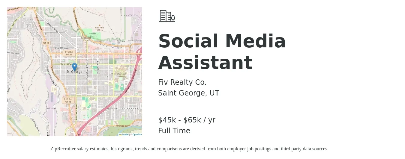 Fiv Realty Co. job posting for a Social Media Assistant in Saint George, UT with a salary of $45,000 to $65,000 Yearly with a map of Saint George location.