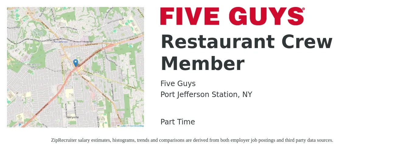 Five Guys job posting for a Restaurant Crew Member in Port Jefferson Station, NY with a salary of $14 to $18 Hourly with a map of Port Jefferson Station location.