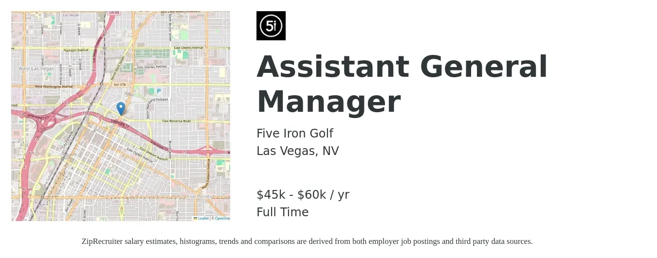 Five Iron Golf job posting for a Assistant General Manager in Las Vegas, NV with a salary of $45,000 to $60,000 Yearly with a map of Las Vegas location.