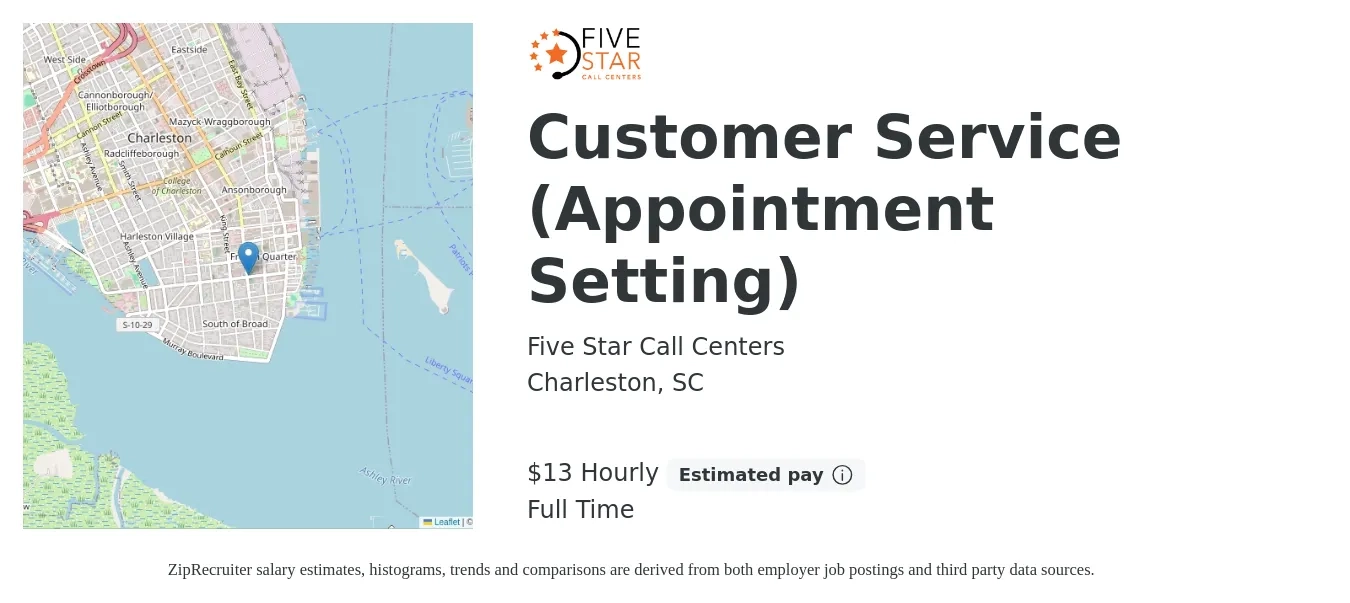 Five Star Call Centers job posting for a Customer Service (Appointment Setting) in Charleston, SC with a salary of $14 Hourly with a map of Charleston location.