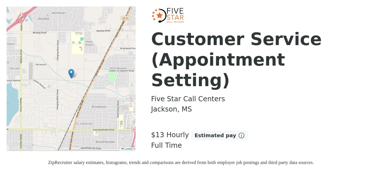 Five Star Call Centers job posting for a Customer Service (Appointment Setting) in Jackson, MS with a salary of $14 Hourly with a map of Jackson location.