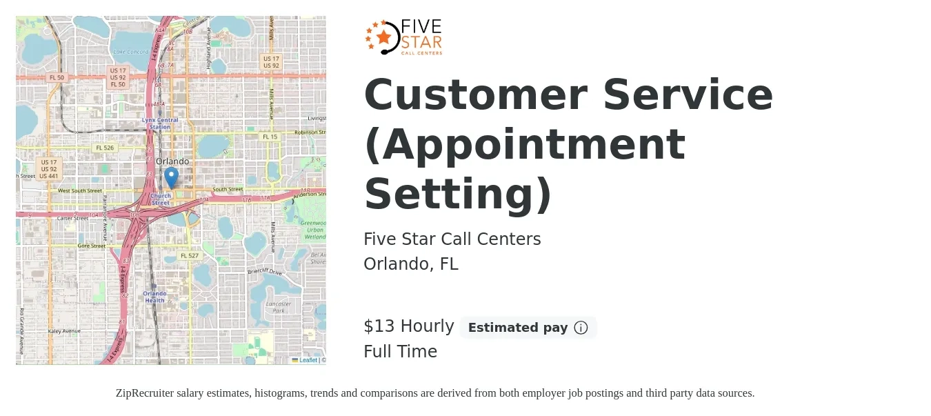 Five Star Call Centers job posting for a Customer Service (Appointment Setting) in Orlando, FL with a salary of $14 Hourly with a map of Orlando location.