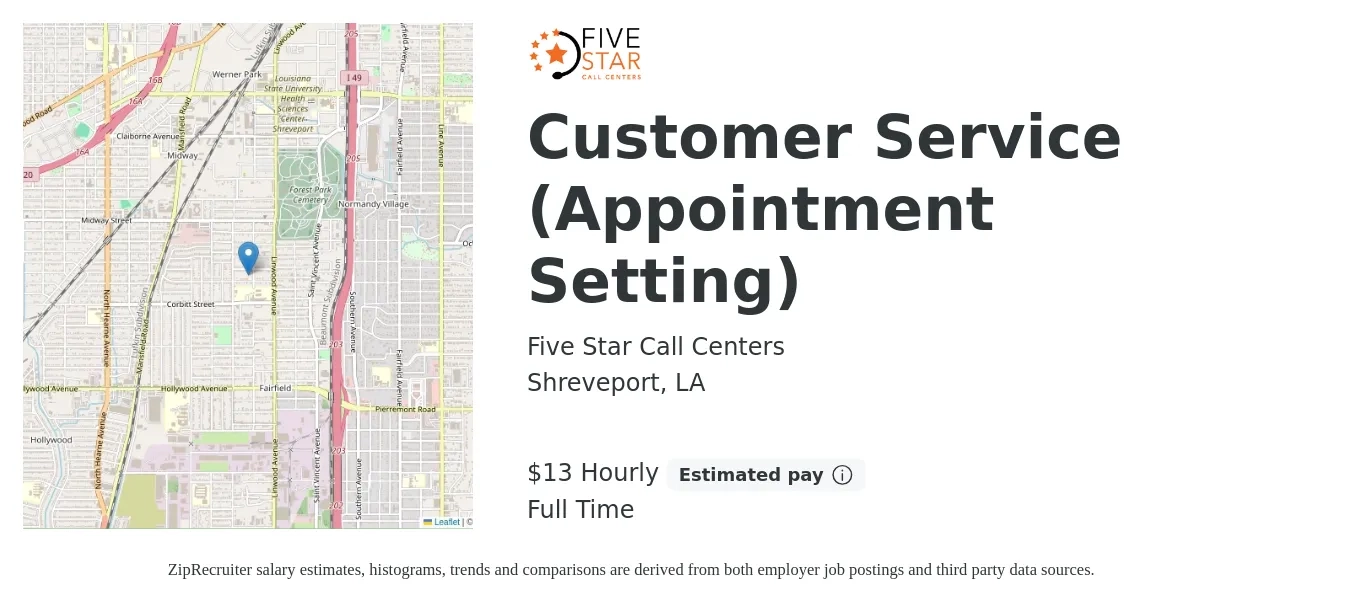 Five Star Call Centers job posting for a Customer Service (Appointment Setting) in Shreveport, LA with a salary of $14 Hourly with a map of Shreveport location.