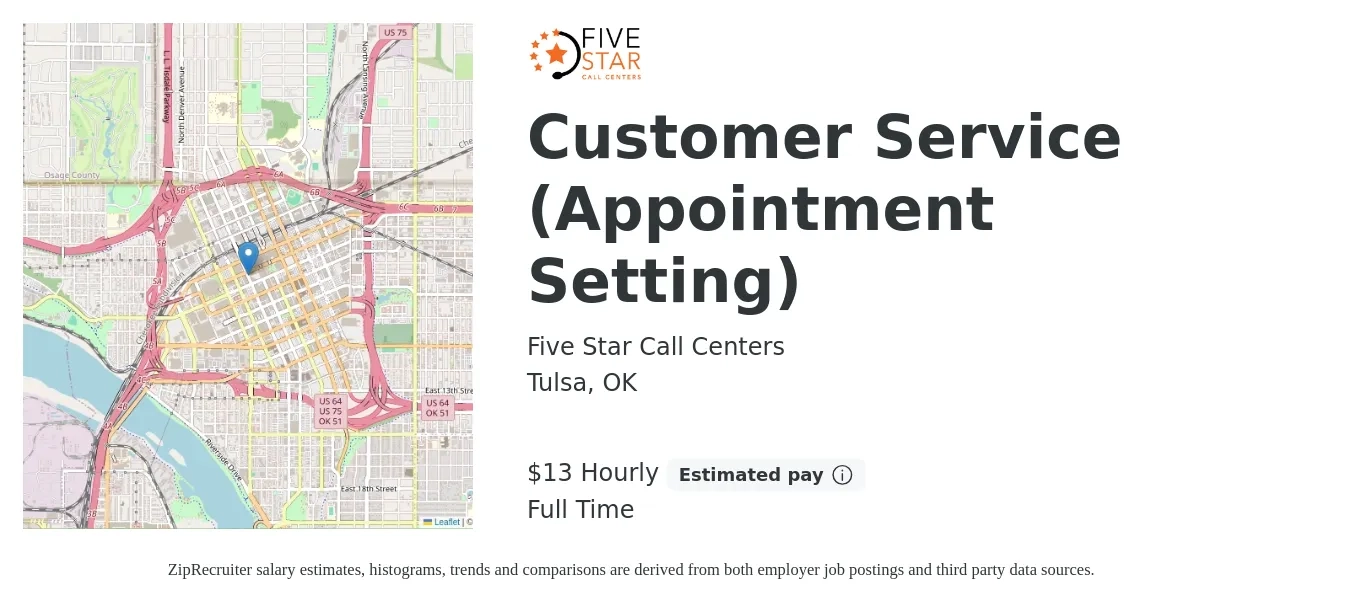 Five Star Call Centers job posting for a Customer Service (Appointment Setting) in Tulsa, OK with a salary of $14 Hourly with a map of Tulsa location.