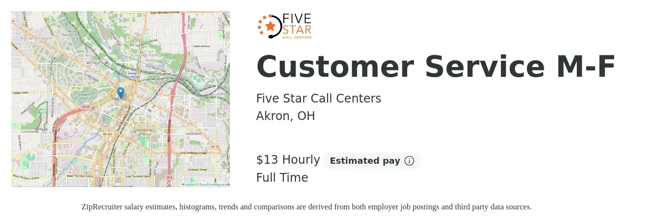 Five Star Call Centers job posting for a Customer Service M-F in Akron, OH with a salary of $14 Hourly with a map of Akron location.