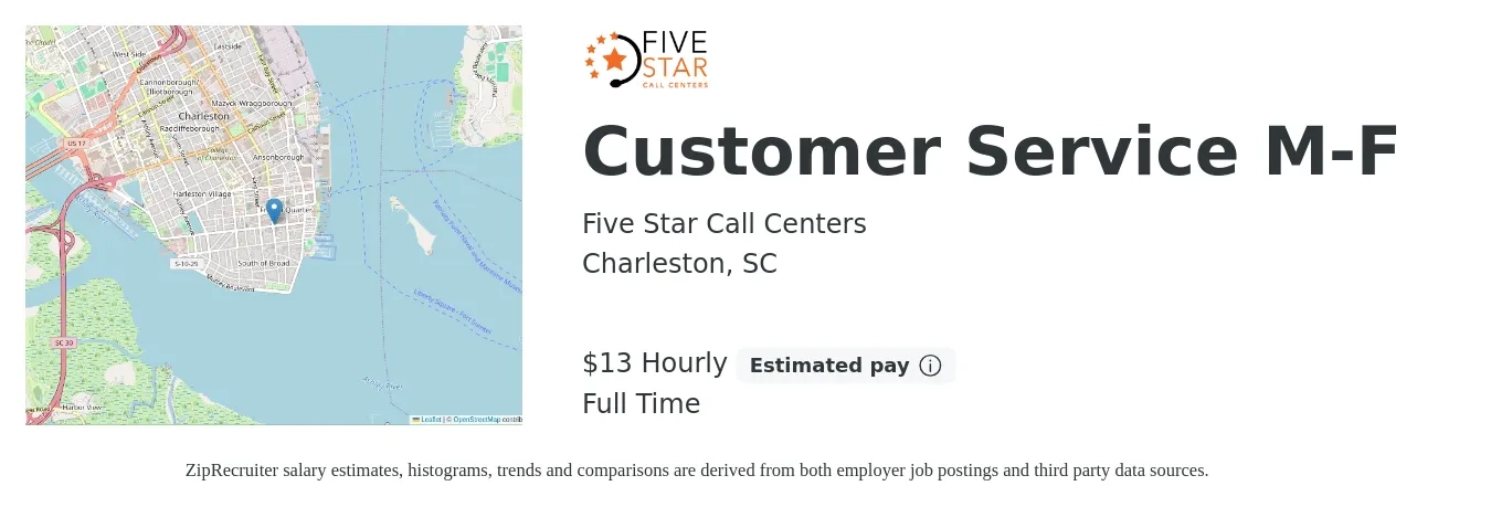 Five Star Call Centers job posting for a Customer Service M-F in Charleston, SC with a salary of $14 Hourly with a map of Charleston location.