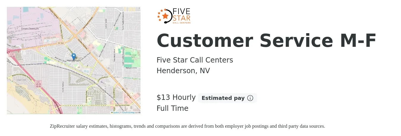 Five Star Call Centers job posting for a Customer Service M-F in Henderson, NV with a salary of $14 Hourly with a map of Henderson location.
