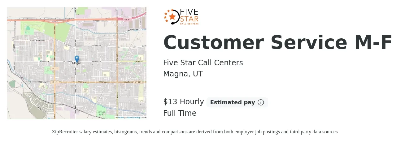 Five Star Call Centers job posting for a Customer Service M-F in Magna, UT with a salary of $14 Hourly with a map of Magna location.