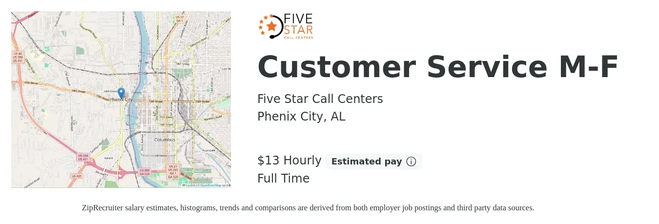 Five Star Call Centers job posting for a Customer Service M-F in Phenix City, AL with a salary of $14 Hourly with a map of Phenix City location.