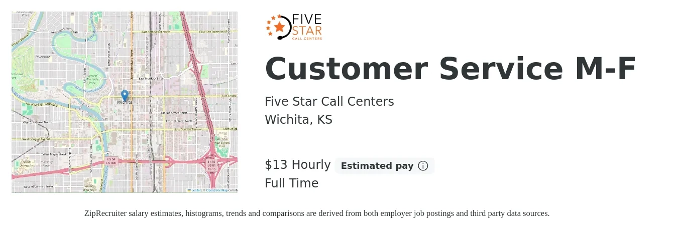 Five Star Call Centers job posting for a Customer Service M-F in Wichita, KS with a salary of $14 Hourly with a map of Wichita location.