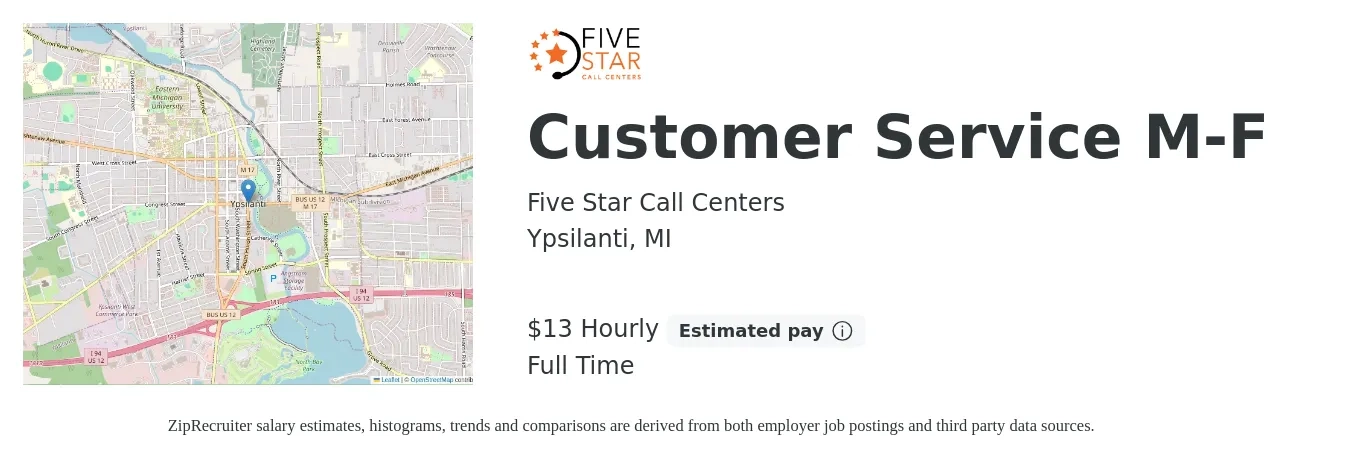 Five Star Call Centers job posting for a Customer Service M-F in Ypsilanti, MI with a salary of $14 Hourly with a map of Ypsilanti location.