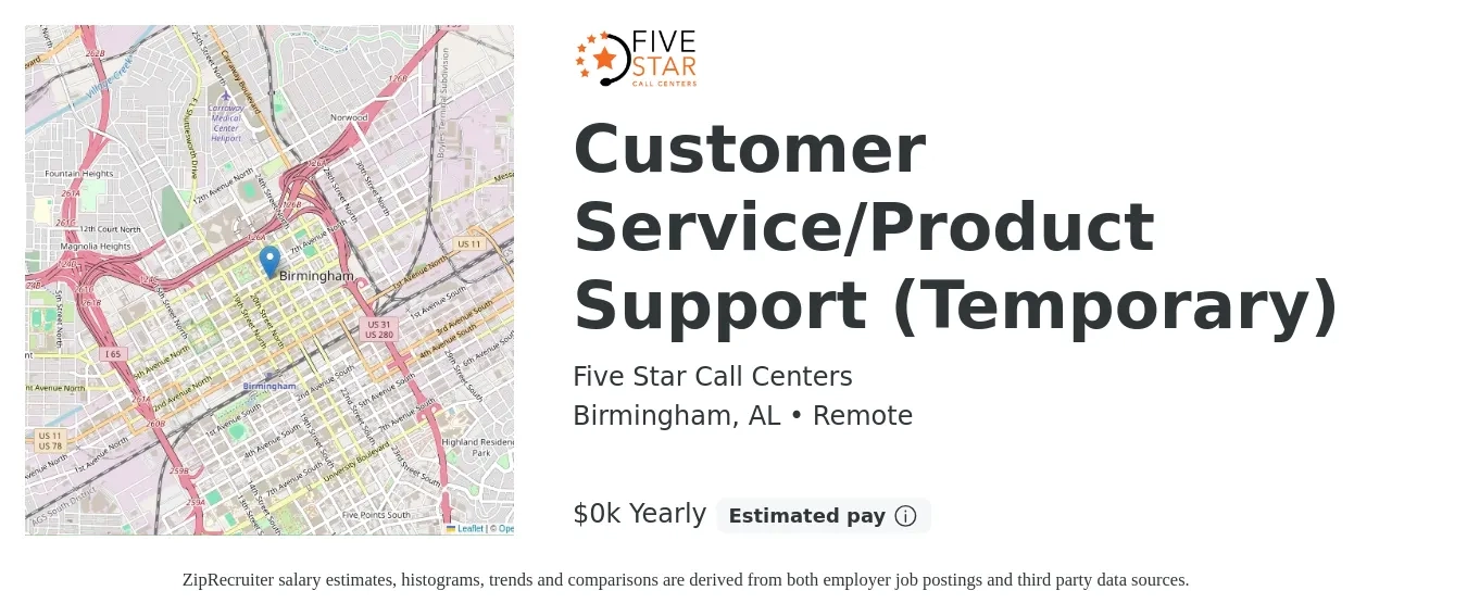 Five Star Call Centers job posting for a Customer Service/Product Support (Temporary) in Birmingham, AL with a salary of $14 Yearly with a map of Birmingham location.