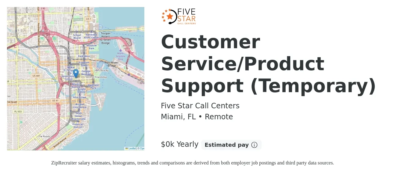 Five Star Call Centers job posting for a Customer Service/Product Support (Temporary) in Miami, FL with a salary of $14 Yearly with a map of Miami location.