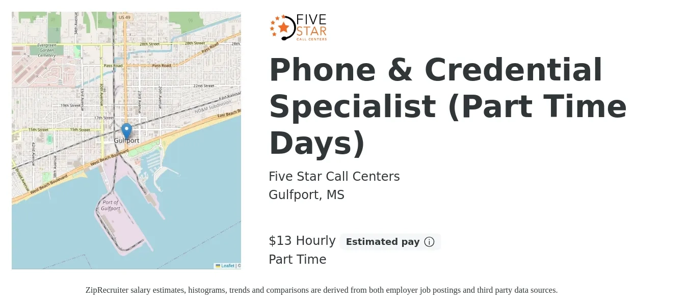Five Star Call Centers job posting for a Phone & Credential Specialist (Part Time Days) in Gulfport, MS with a salary of $14 Hourly with a map of Gulfport location.