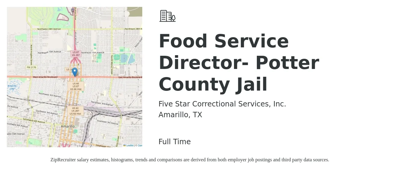 Five Star Correctional Services, Inc. job posting for a Food Service Director- Potter County Jail in Amarillo, TX with a salary of $45,000 Yearly with a map of Amarillo location.