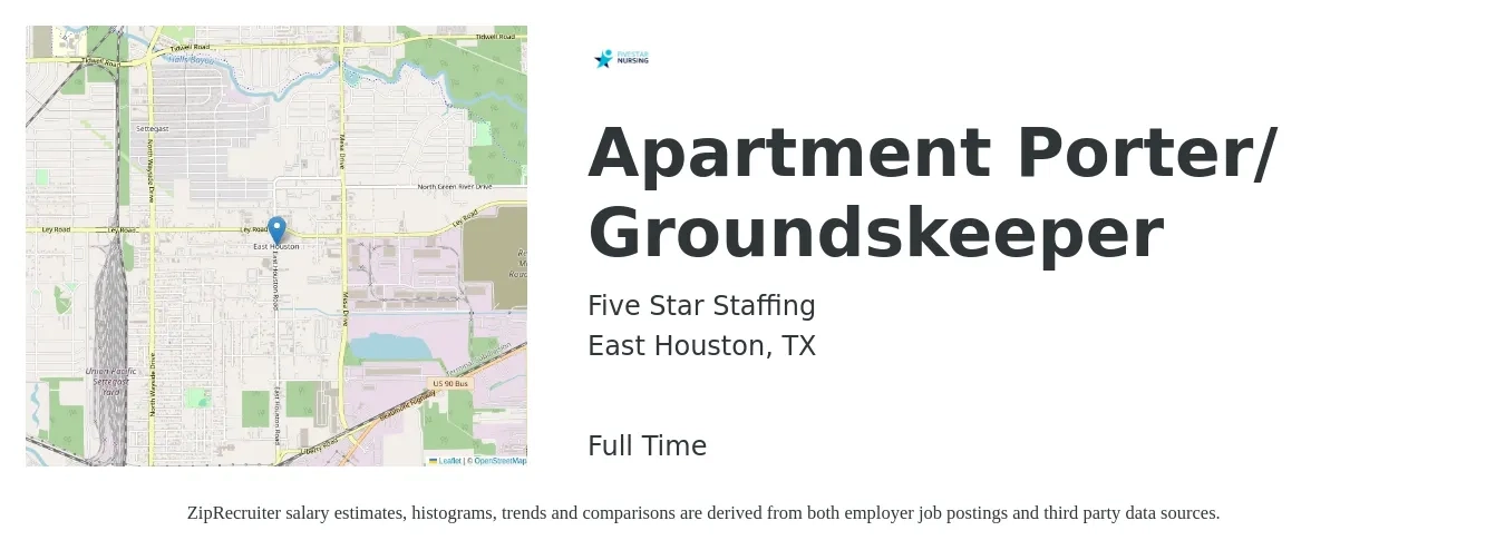 Five Star Staffing job posting for a Apartment Porter/ Groundskeeper in East Houston, TX with a salary of $14 to $17 Hourly with a map of East Houston location.