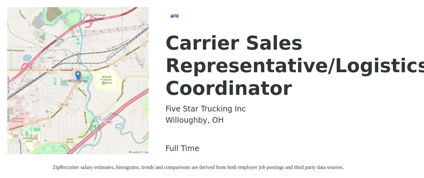 Five Star Trucking Inc job posting for a Carrier Sales Representative/Logistics Coordinator in Willoughby, OH with a salary of $18 to $24 Hourly with a map of Willoughby location.
