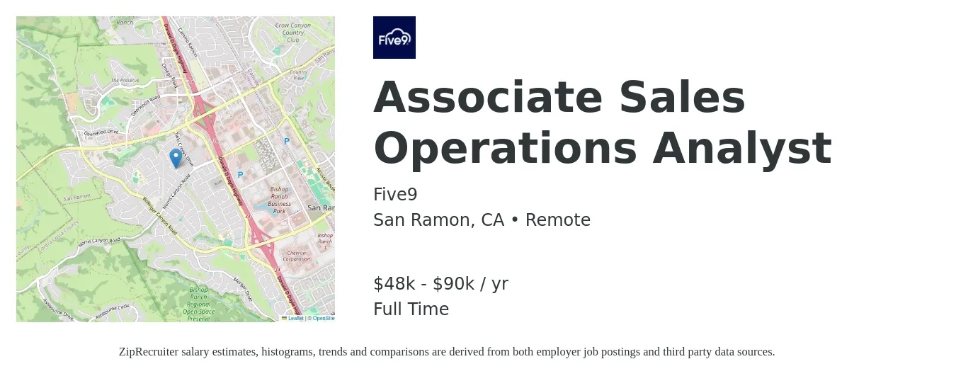 Five9 job posting for a Associate Sales Operations Analyst in San Ramon, CA with a salary of $48,300 to $90,500 Yearly with a map of San Ramon location.