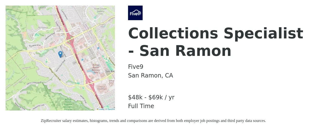 Five9 job posting for a Collections Specialist - San Ramon in San Ramon, CA with a salary of $48,300 to $69,500 Yearly with a map of San Ramon location.