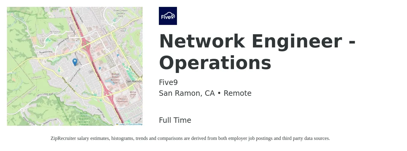 Five9 job posting for a Network Engineer - Operations in San Ramon, CA with a salary of $99,500 to $149,200 Yearly with a map of San Ramon location.
